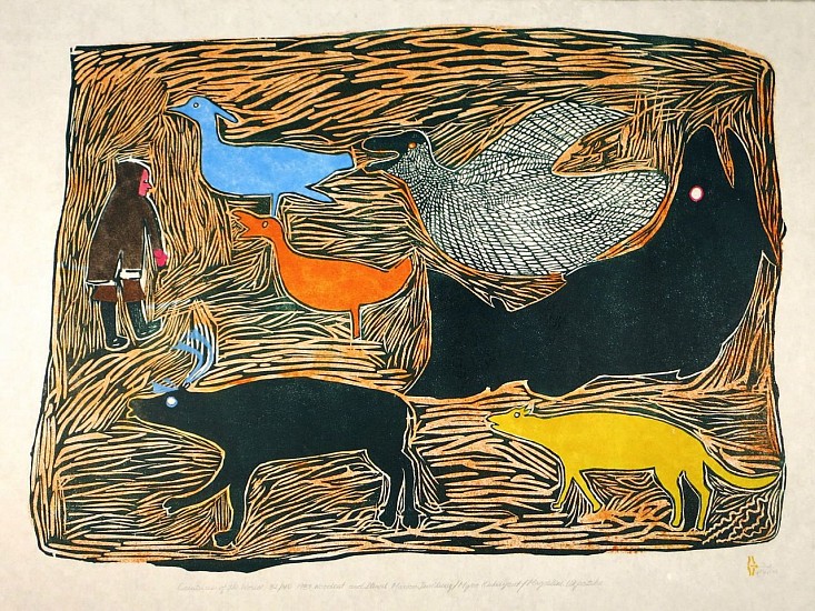 Marion Tu'uluq, Creatures of the World, 32/40, 1987
Woodcut and stencil, 25 1/2 x 38 in. (64.8 x 96.5 cm)
Printmaker: Myraï¿½ï¿½Kukiiyautï¿½ï¿½(1929-2006)
01853-1