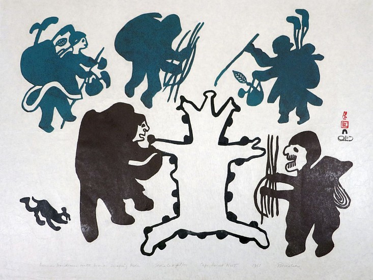 Pitseolak Ashoona, Summer Wanderers Watch Woman Scraping Hide, 7/50, 1961/53, 1961
Stonecut, 18 x 24 in. (45.7 x 61 cm)
Printmaker:  Iyola Kingwatsiak, 1933-2000
02401-1