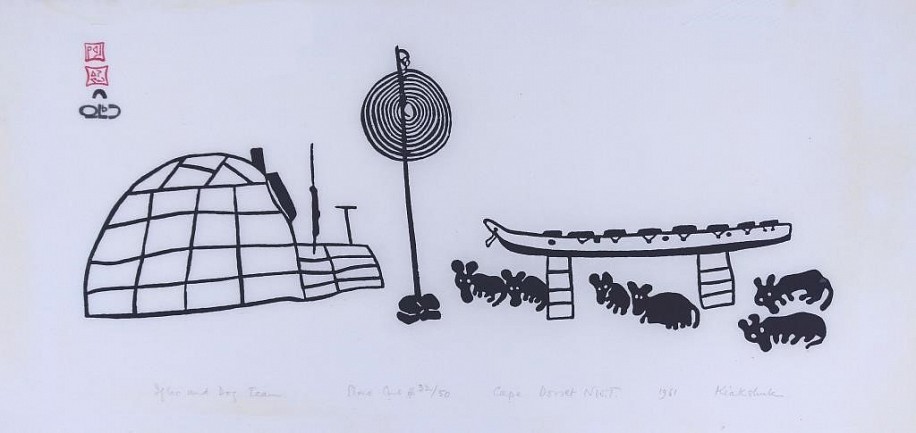 Kiakshuk, Igloo and Dog Team, 32/50, 1961
12 1/4 x 24 in.
ex coll.  Albrecht Collection of Arctic Art.
Kiakshuk excelled in depicting scenes from daily life.  Here, the dog team huddles around the komatik, or sled, while the harness is neatly coiled on a pole.  The igloo provides a perfect counterpoint -- cool and geometric -- to the dark animal forms of the dog team.  It provides an excellent contrast to Pitseolak Ashoona's "Man Repairing a Sledge," which features the same elements.
03734-1