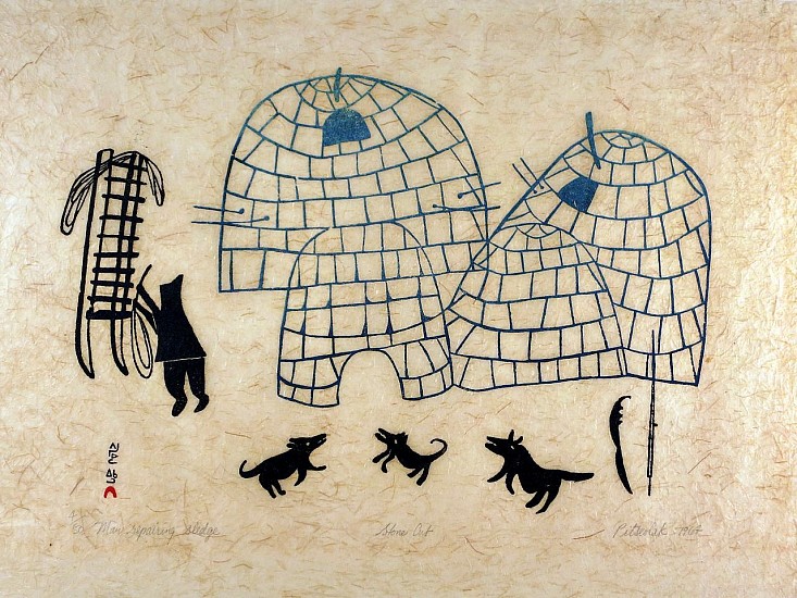 Pitseolak Ashoona, Man repairing sledge, 10/50, 1964/15
16 1/2 x 22 in.
Printmaker: Echalook Pingwartok
Pitseolak Ashoona was a prolific graphic artist.  Her prints were included in the annual Cape Dorset Print Collection every year from 1960 until 1983, when she died.  In "Pitseolak: Pictures Out of My Life," she said, "I know I have had an unusual life, being born in a skin tent and living to hear on the radio that two men have landed on the moon. . . . To make prints is not easy.  You must think first and this is hard to do.  But I am happy doing the prints."
Pitseolak is the matriarch of an artistic dynasty.  Her sons Kiugak, Kaka and Kumwartok Ashoona, were prominent first-generation stone sculptors, and her only surviving daughter, Napachie Pootoogook, was a talented graphic artist whose own daughter, Annie Pootoogook, carried on the family's artistic line. 
"Man Repairing Sledge," like many of Pitseolak's images, shows a scene from daily life.  The treatment of the igloos is typical of early Cape Dorset prints, capturing the essence of the scene, but making no attempt to deal with perspective.  Rows of ice blocks are depicted continuously across two igloos, one in front and one in back.  The dogs' antics animate the scene.  Although it incorporates the same elements as Kiakshuk's "Igloo and Dog Team," Pitseolak's print is warmer and lighter in atmosphere.
03727-1
