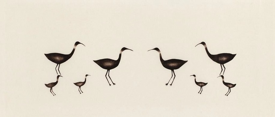 Effie ANGALI'TAAQ ARNALUAQ, Whimbrels (curlews)
11 x 24 1/2 in.
An early experimental stencil print.  This rare image came from the Albrecht Collection of Arctic Art.
03467-2