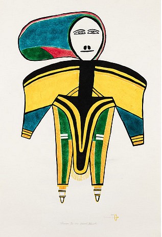 Jessie Oonark, Woman, 13/50, 1970
31 1/2 x 21 1/2 in.
Considered important enough to grace the cover of the 1970 inaugural Baker Lake print catalogue, Oonarkâ€™s magnificent Woman rivals Kenojuakâ€™s The Enchanted Owl as an icon of Inuit graphic art.

This bold composition manifests Oonarkâ€™s burgeoning talent as a colorist, and highlights her strong interest in clothing design as a major source of inspiration. In Woman, Oonark takes considerable liberties with both scale and perspective to emphasize the traditional amautiqâ€™s capacious hood and shoulders. In her drawing (in the collection of the Winnipeg Art Gallery), Oonark translates three dimensions into a carefully orchestrated arrangement of flattened shapes interlocked in a planar fashion. The bold simplicity of Woman belies the complexity and sophistication of this image, which is still considered to be one of Oonarkâ€™s greatest achievements.


Printmaker Thomas Mannik masterfully translated Oonarkâ€™s drawing, employing careful variations of yellow to articulate the contrasting shades of the caribou skin. Presenting an impressive knowledge of colour theory, bands of associated green and blue ornament the womanâ€™s garments. These colours are repeated in the figureâ€™s dramatically sweeping hood, where they are contrasted against two blazing shocks of red. 


This particular edition of Woman has retained its colouration extraordinarily well and the inks appear as fresh and vibrant and they the day they were pulled. This is especially remarkable when you consider that both red and yellow are known as fugitive inks.

References: Woman is featured on the cover of the inaugural Baker Lake print catalogue of 1970. This image has been extensively reproduced, including in Ernst Roch ed., Arts of the Eskimo: Prints, (Montreal/Toronto: Signum/Oxford, 1974), pp. 196-197; The Inuit Print (Ottawa: National Museum of Man, 1977) cat. 114, p. 200-1; Sheila Butler, â€œThe First Printmaking Year at Baker Lake,â€ The Beaver, Spring 1976, p. 25, printed in Alma Houston, ed., Inuit Art: An Anthology, (Winnipeg: Watson & Dwyer, 1988), p. 109; Bernadette Driscoll, The Inuit Amautik: I Like My Hood To Be Full, (Winnipeg: Winnipeg Art Gallery, 1980), pl. 94, p. 67; Darlene Coward Wight, Creation and Transformation: Defining Moments in Inuit Art, (Winnipeg: Winnipeg Art Gallery, 2012), cat. 43; Inuit Art Quarterly, Summer 1998, Vol. 3, No. 3, cover. Both the original drawing by Oonark and the print are illustrated in Winnipeg Art Gallery, Baker Lake Prints & Print Drawings 1970-76, (Winnipeg: Winnipeg Art Gallery, 1983), p. 71.

*In the 1970 catalogue, as well as on the print, the work is indicated as a "stonecut" print. We suggest that the work is a stonecut and stencil print.
03553-1